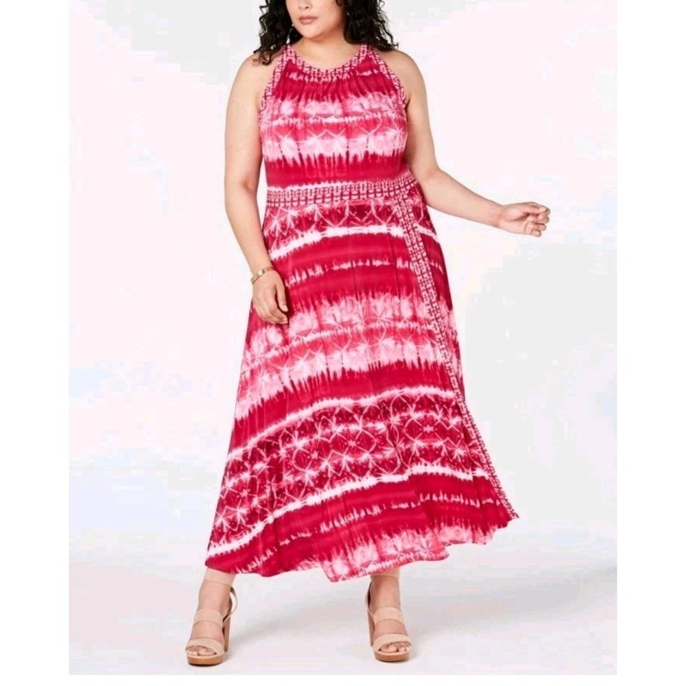 INC International Concepts Maxi Dress 3X Pink Ombre Tie Dye Side Slit Sleeveless
